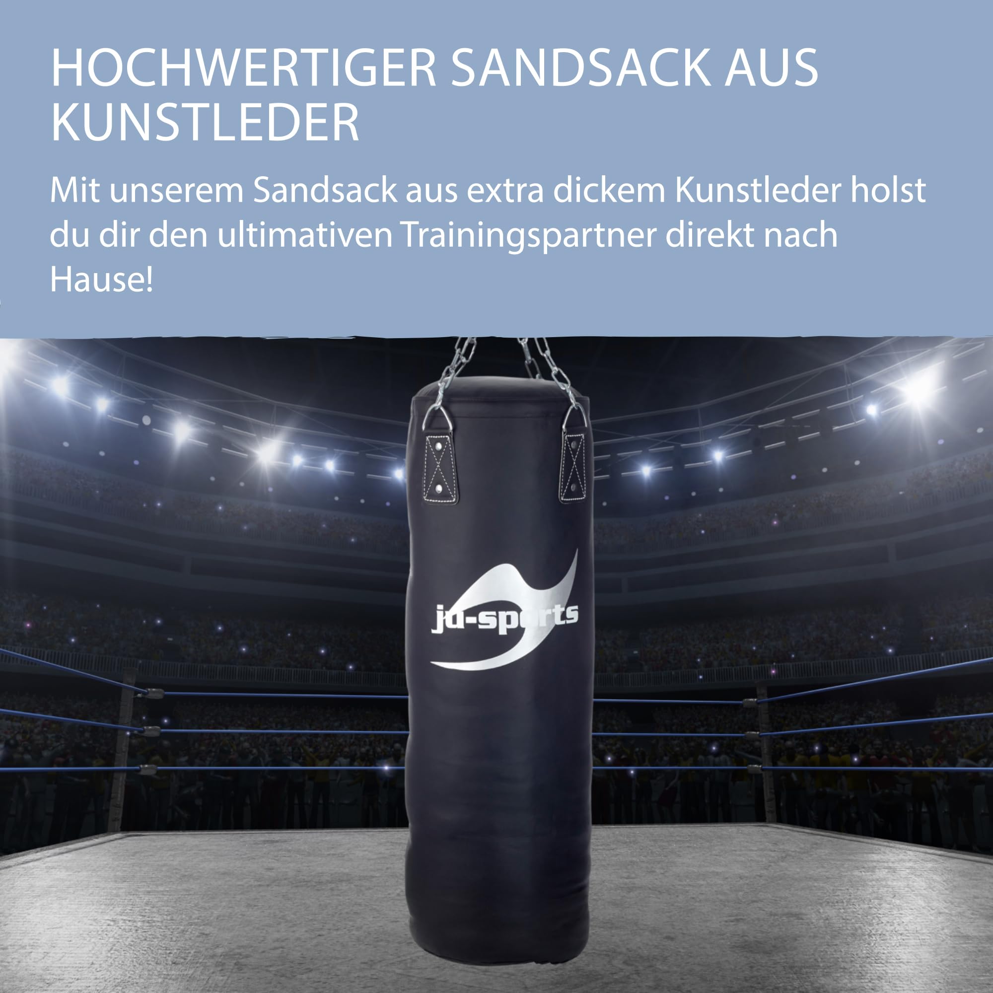 Ju-Sports Boxsack hängend Ø 35cm I Sandsack Kunstleder ungefüllt für das Box Training I Sehr stabil mit Kette + Drehwirbel, Kette verdreht Sich Nicht
