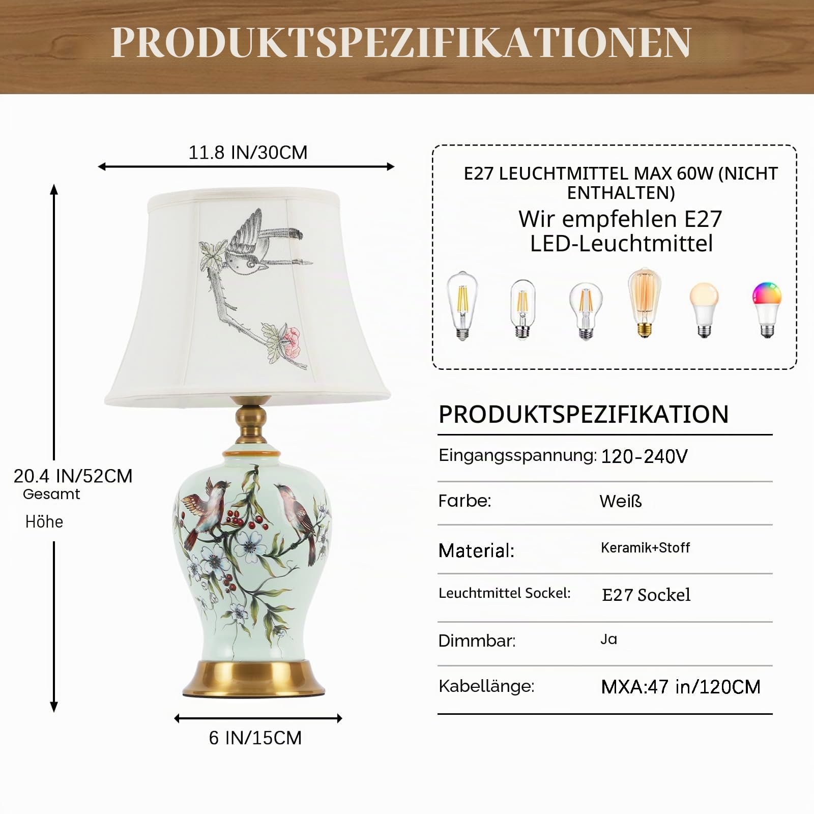 Tischlampe Retro Keramik, Stoff-Nachttischlampe, Vintage-Leselampe für das Schlafzimmer, weißer Lampenschirm, Schreibtischlampe im modernen Stil, E27-Nachttischlampe für Hotel,Wohnzimmer(H 52CM)