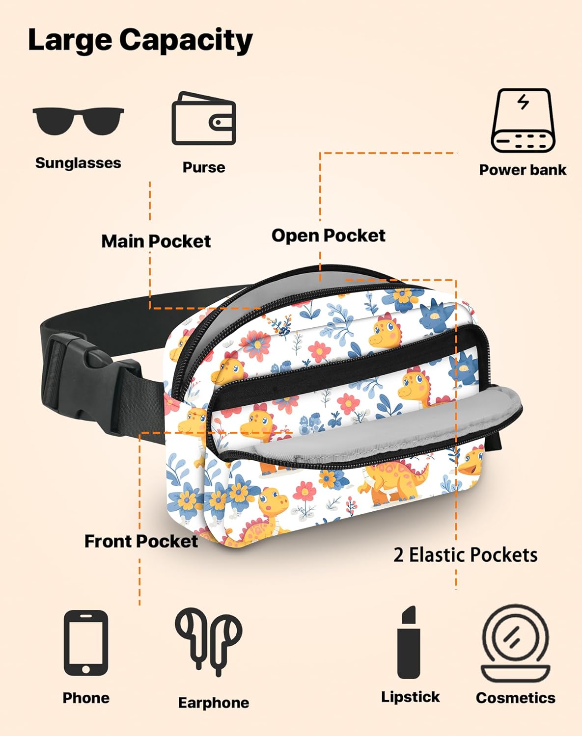 Dinosaur Fanny Pack Fashion Belt Bag Lightweight Waist Pouch with Adjustable Strap Mini Crossbody Bags for Women Travel Sports Running - Image 4
