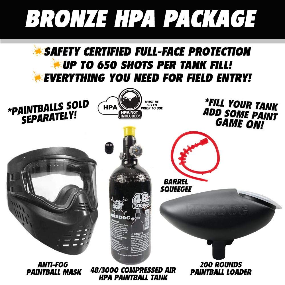 Maddog JT Stealth Paintball Gun Marker and Accessory Starter Package [HPA] | Bronze Kit - Marker, 48ci/3000psi Compressed Air Tank, Mask, Hopper