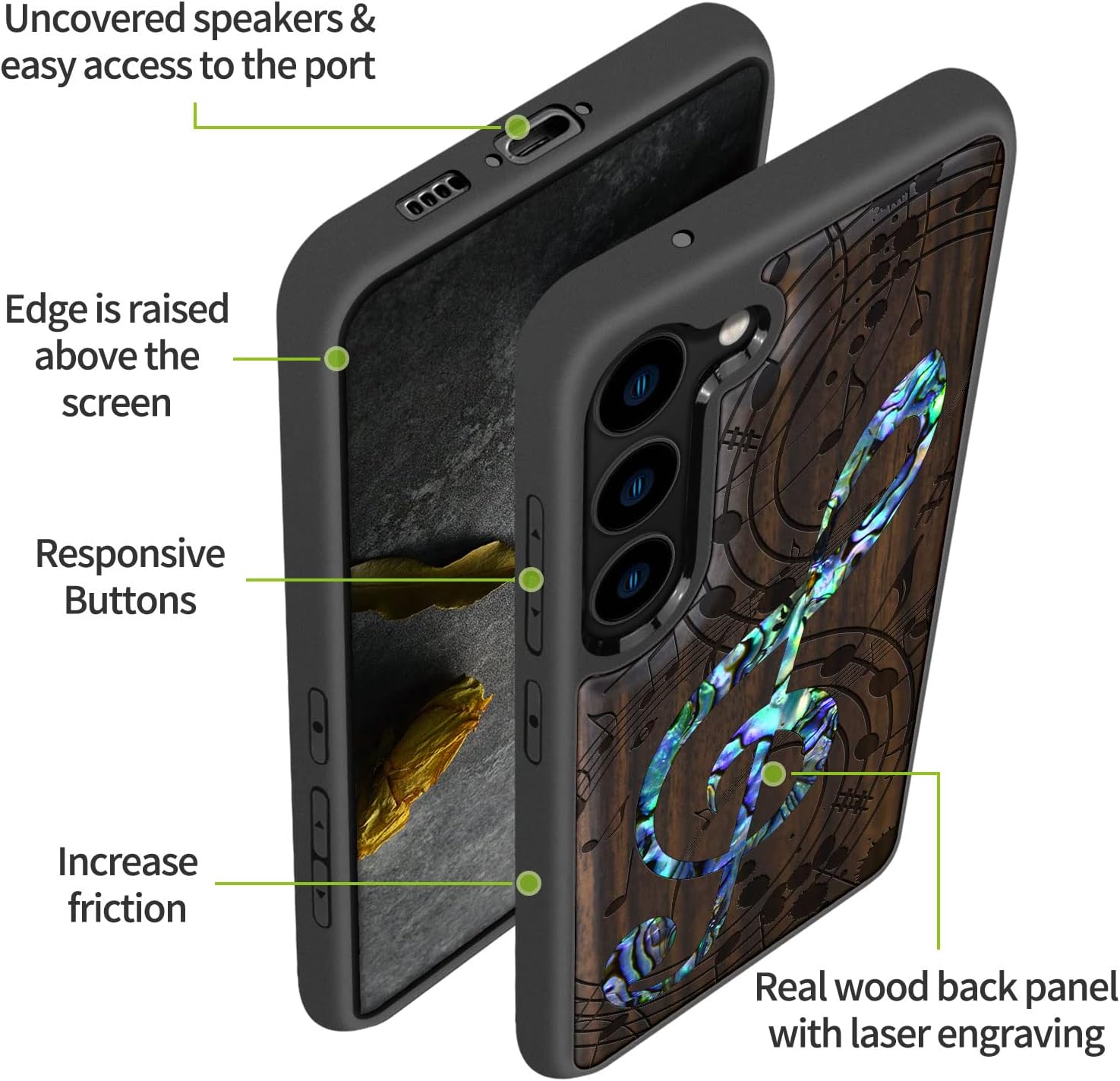 Carveit Designer Wooden Case for Samsung Galaxy S23 Plus Cover [Wood Engraving & Shell Inlay] Wood Phone Case Compatible with Wireless Chargers Galaxy S23 Plus Case (Musical Note-Blackwood)