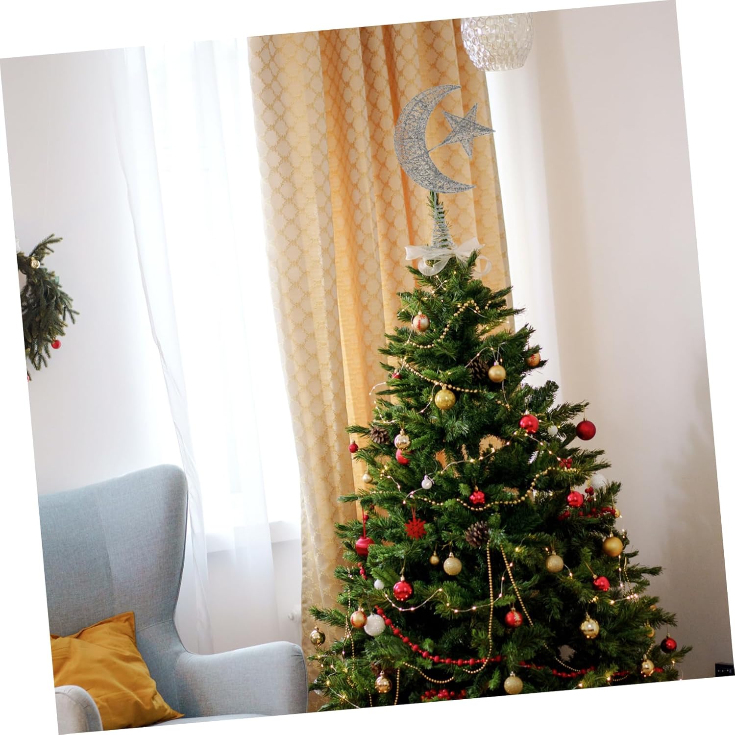 3D Silver Iron and Christmas Glitter Tree Topper Decoration Moon Star Ornament