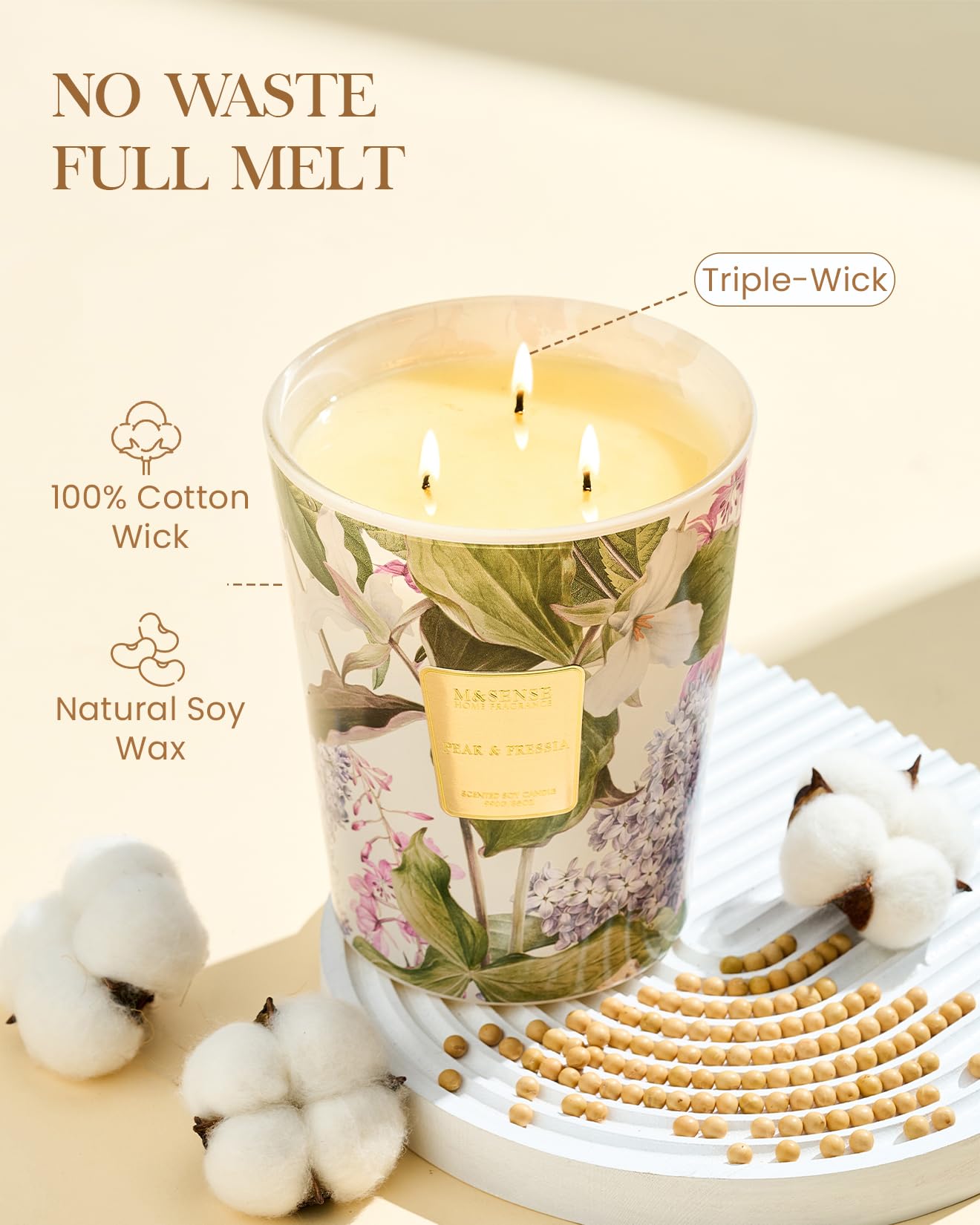 M&SENSE Candela Profumata Con 3 Stoppini - Pera Fressia, 990g, 150 Ore di Combustione - Regalo e Decorazione Casa per Donne