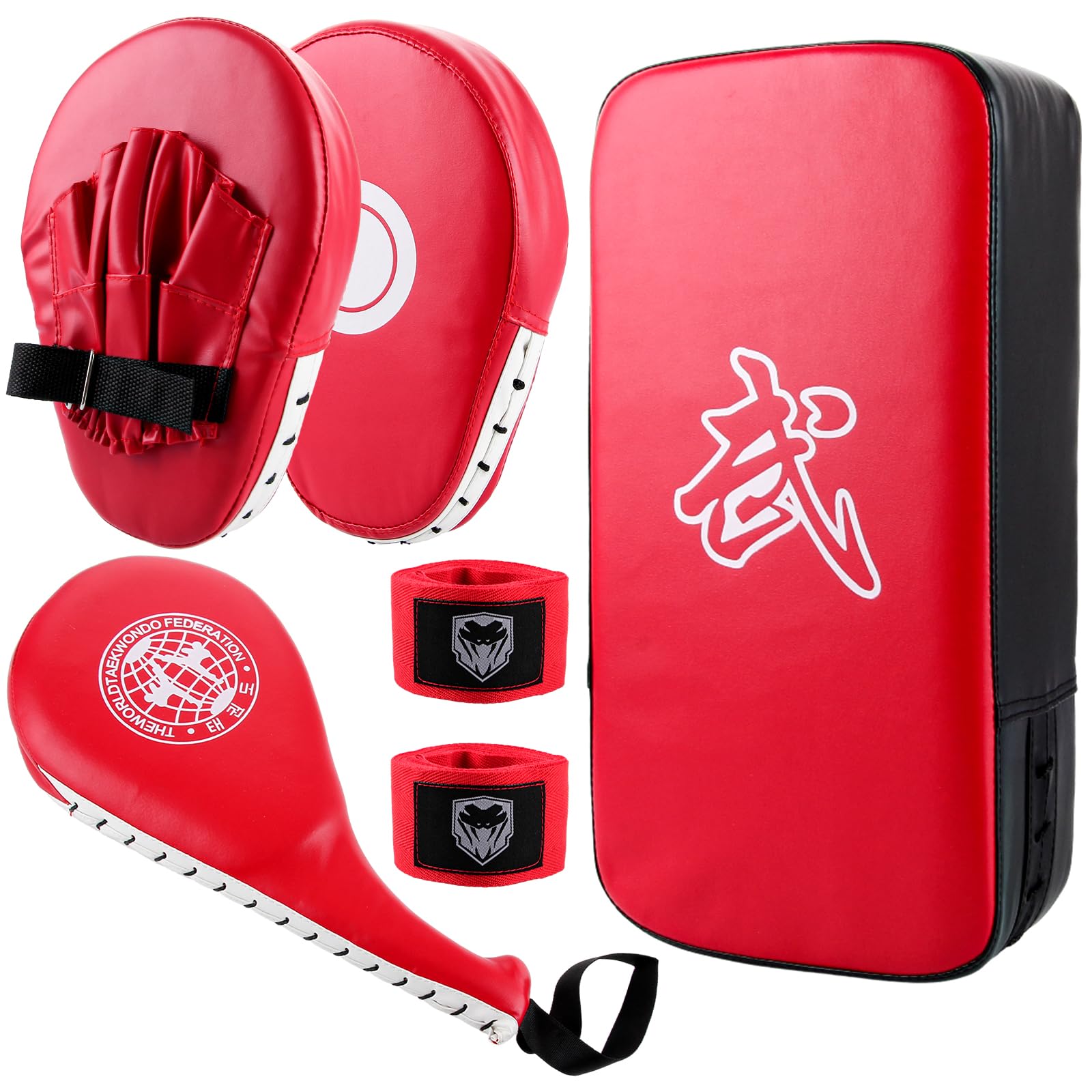 Pao Boxe Rouge avec Pattes d'ours de Boxe, Bouclier de Frappe, Cible Jambe et Sangle 3 m, Set PU pour Karaté Taekwondo Muay Thai MMA et Arts Martiaux