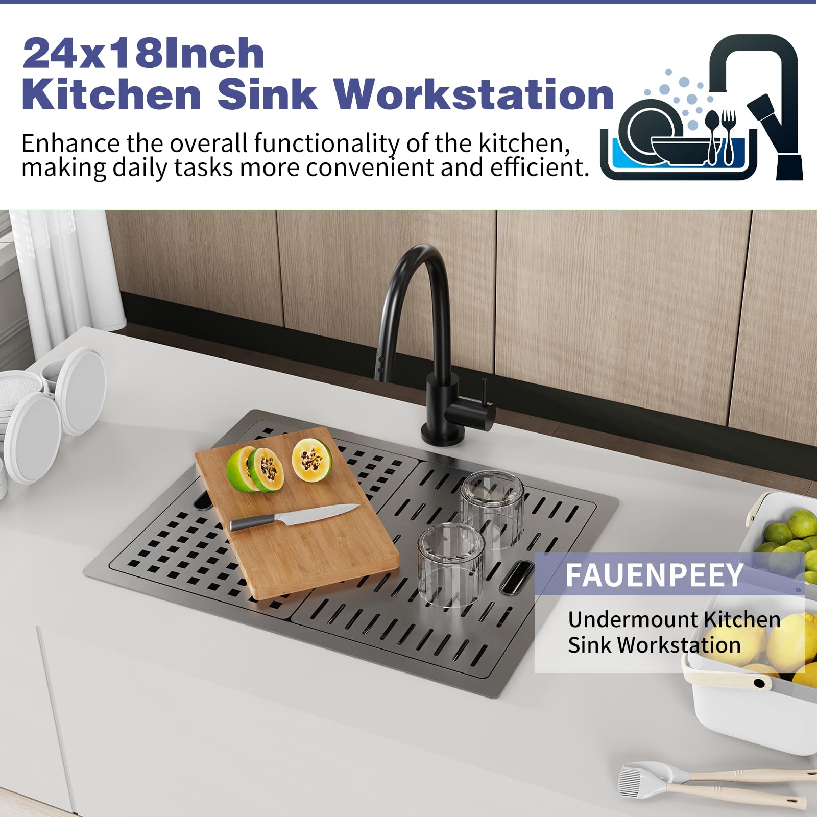 Fregadero de Cocina Negro con Doble Tapa, 61 x 46 cm, Acero Inoxidable, de un Solo Seno, para instalación bajo encimera. Incluye repisa integrada y estación de Trabajo empotrada qu