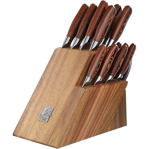 TUO 17 PCS Kitchen Knife Set for Kitchen with Block, German X50CrMov15 Steel Blade Knife Block Set, Full Tang Pakkawood Handle