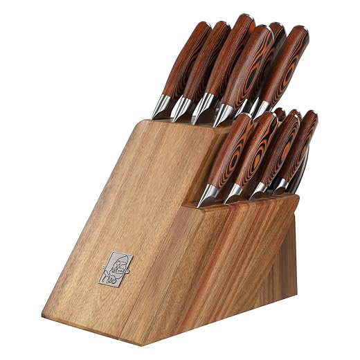 TUO Knife Set - Kitchen Knife Set with Wooden Block 7 pieces - G10 Full Tang Ergonomic Handle - BLACK HAWK S SERIES with Gift Box