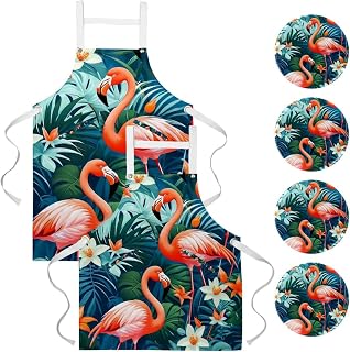 Delantales para mujeres y hombres, chef, con bolsillos, paquete de 2 unidades, diseño de flamenco, color rosa, delantales ajustables, para cocina, restaurante, mujeres, hombres, chef, barbacoa,