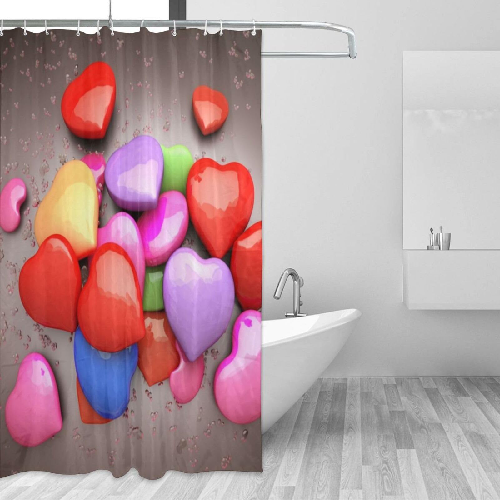 Rideau de douche imperméable haut de gamme motif cœurs avec 12 anneaux résistants