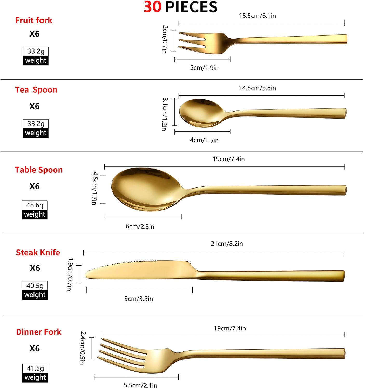 Velaze 30-Piece Gold Silverware Set Cutlery Set, 18/10 Stainless Steel Cutlery Set for 6 People Include Dinner Spoon - Image 3