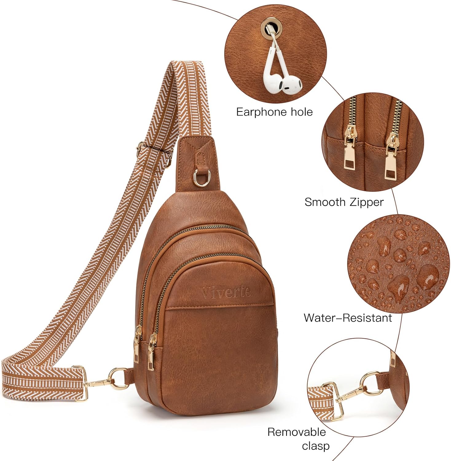 Viverte Crossbody Bags for Women Small Leather Sling Bag Fanny Packs Cross Body Chest Bag for Woman (Brown)