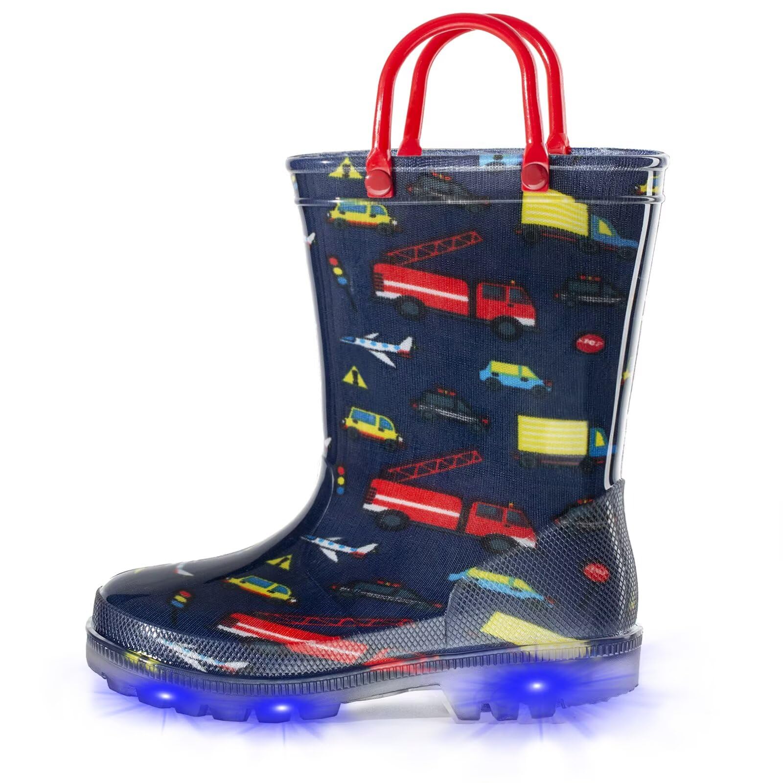 EUXTERPA Toddler Kids Waterproof Light Up Rain Boots Patterns and Glitter Boots with Handles for Boys Girls