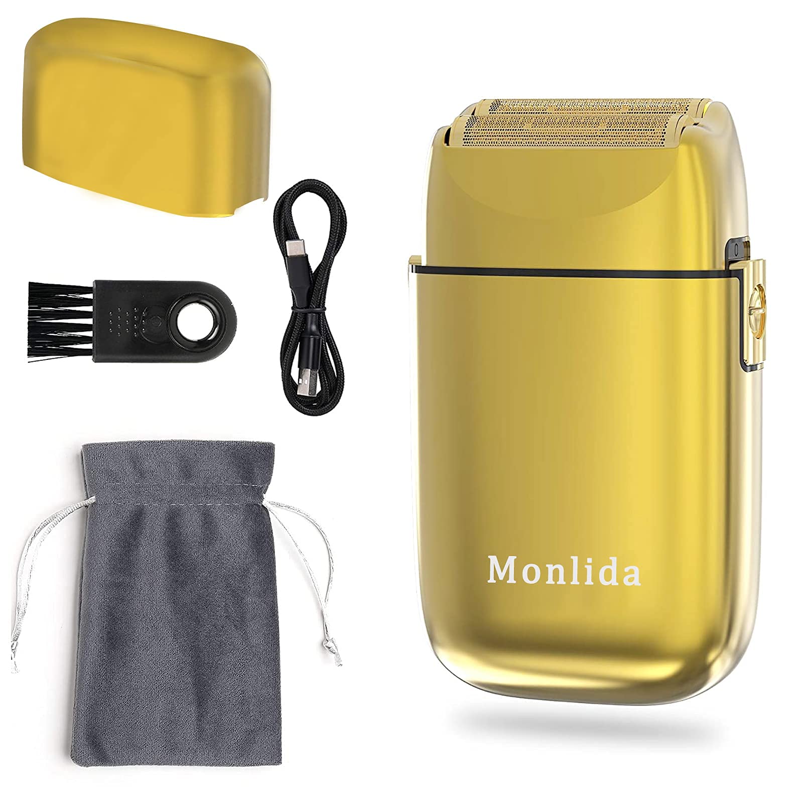 Rasoio Elettrico barba, Monlida Rasoi Elettrici da Barba in Lamina di Alluminio in Metallo Shaver Uomo Ricaricabile USB (Dorato)