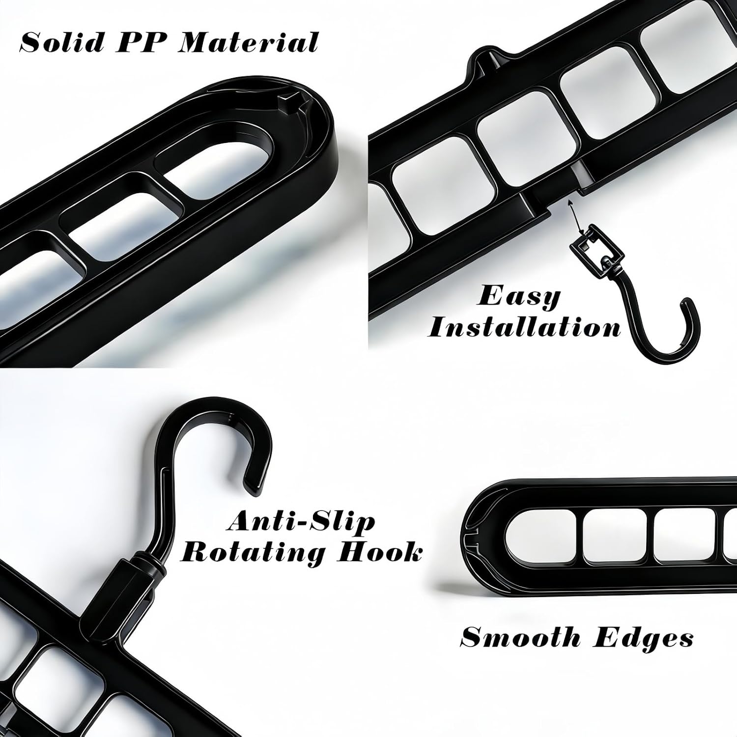 9 Space-Saving Hangers Heavy-Duty PP Plastic Tiered Hanger Organizer with Non-Slip Foldable Design, for Closet (Black, 10)