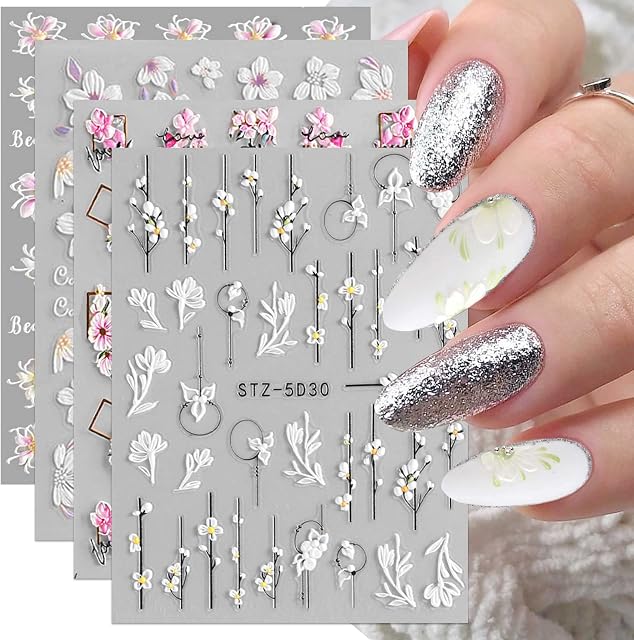JMEOWIO Kwiat 3D Naklejki na Paznokcie 4 Arkuszy Nail Art Sticker Samoprzylepne Naklejek na Paznokcie Dekoracji Paznokci