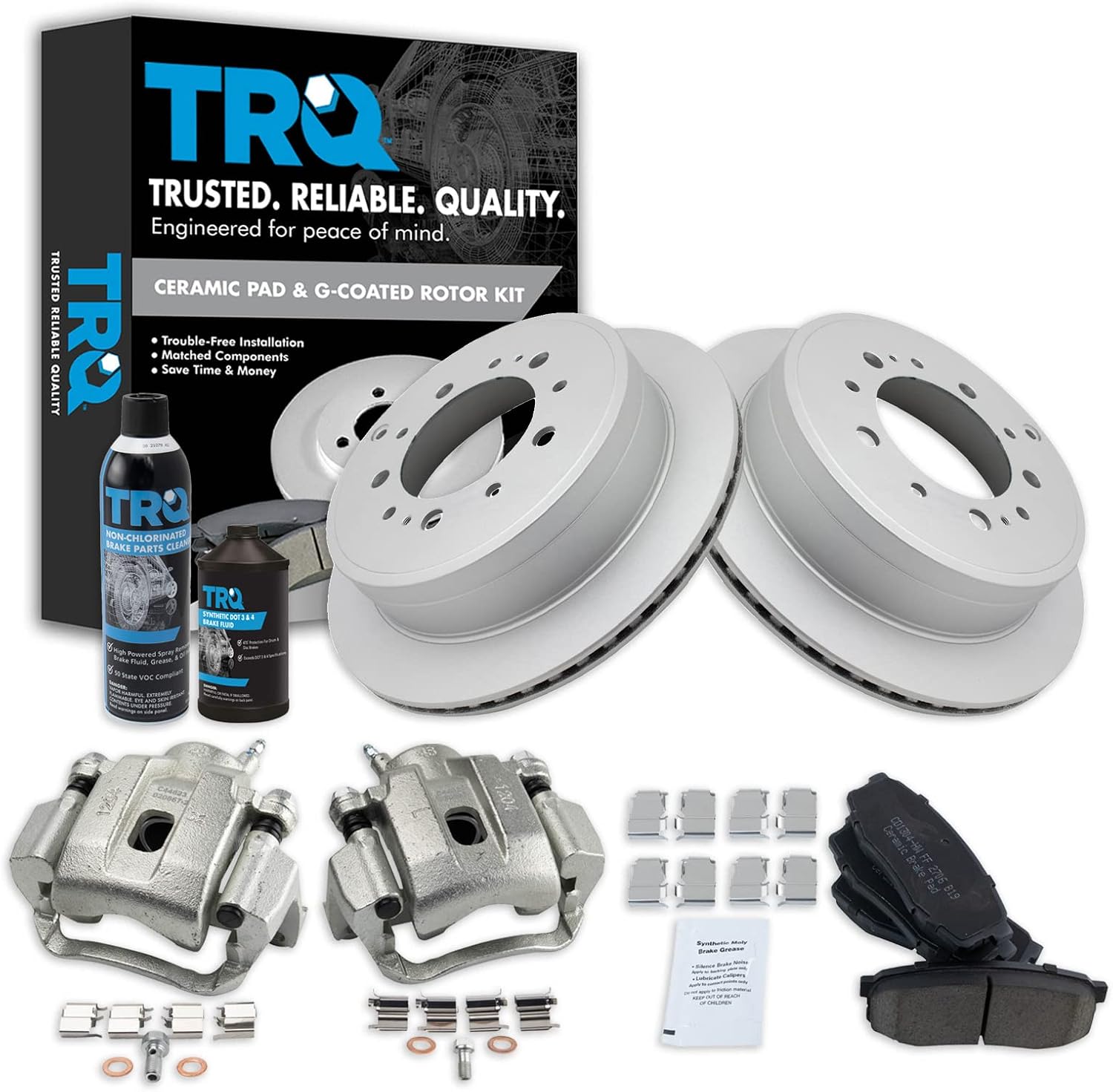 TRQ Rear Brake Pad & Rotor Kit Brake Caliper Brake Chemical Kit Brake Pads Brake Rotor Ceramic Premium G-Coated Compatible with 2008-2015 Toyota Sequoia 2007-2015 Tundra