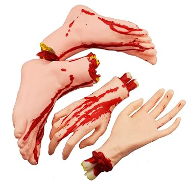 XONOR Halloween Severed Hands Feet Set Scary Bloody Broken Body Parts Halloween Props Decorations, 4 PiecesFeet & Hands Skin Color