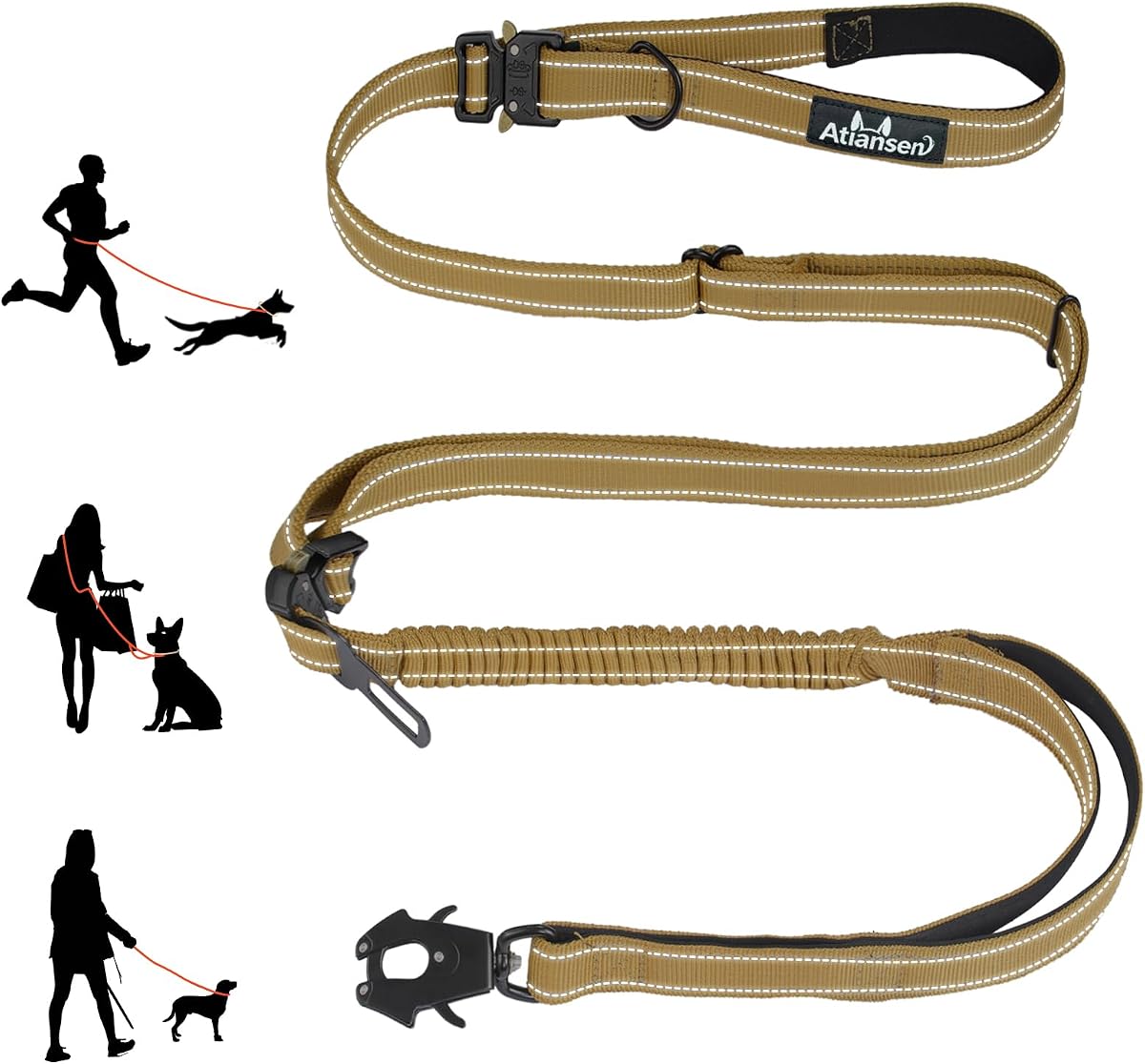 9.7FT Detachable Hand-Free Heavy Duty Tactical Dog Leash, Khaki | Bungee Shock Absorption dog Leash, with Padded Handle, Quick Release Metal Clip, Car Seatbelt, Training Lead, for Large dog