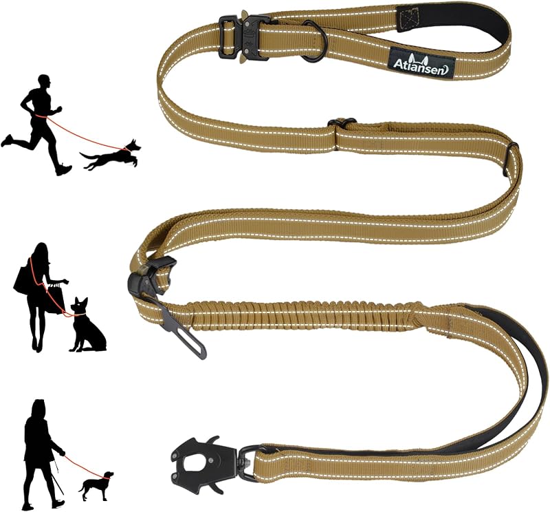 9.7FT Detachable Hand-Free Heavy Duty Tactical Dog Leash, Khaki | Bungee Shock Absorption dog Leash, with Padded Handle, Quick Release Metal Clip, Car Seatbelt, Training Lead, for Large dog