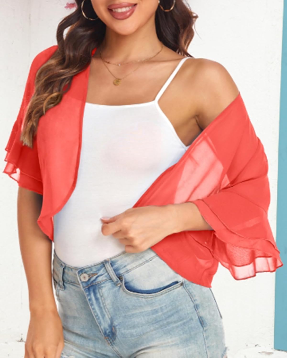 Women's Cardigan Bolero Shrug Ruffle Short Sleeve Open Front Loose Sheer Jackets for Tops - Image 5