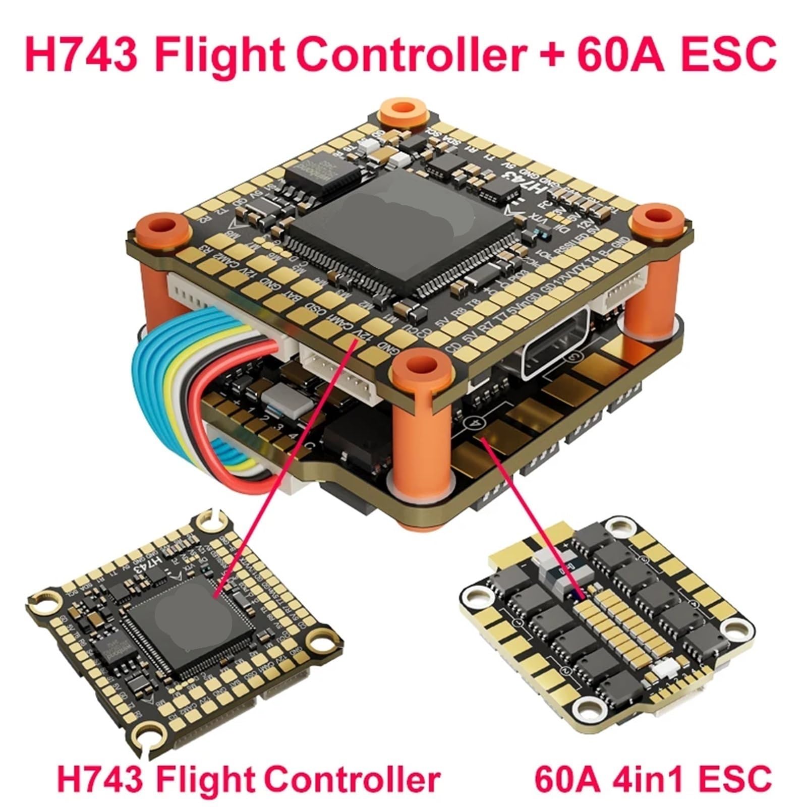 Compatibile con DAKEFPV H743 Flight Controller Stack con barometro OSD 70A ESC for droni FPV(H743 FC)