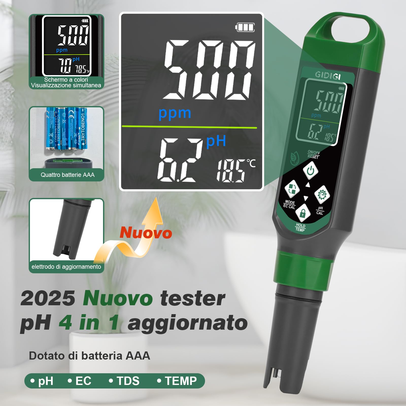 Misuratore di pH digitale 4 in 1 tester PPM per acqua EC TDS temp penna per test qualità dell'acqua idroponica piscina