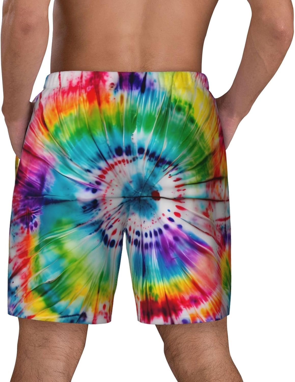 Tie Dye Hippies Print Men's Athletic Swim Shorts, Surf Pants with Compression Liner & Utility Pockets