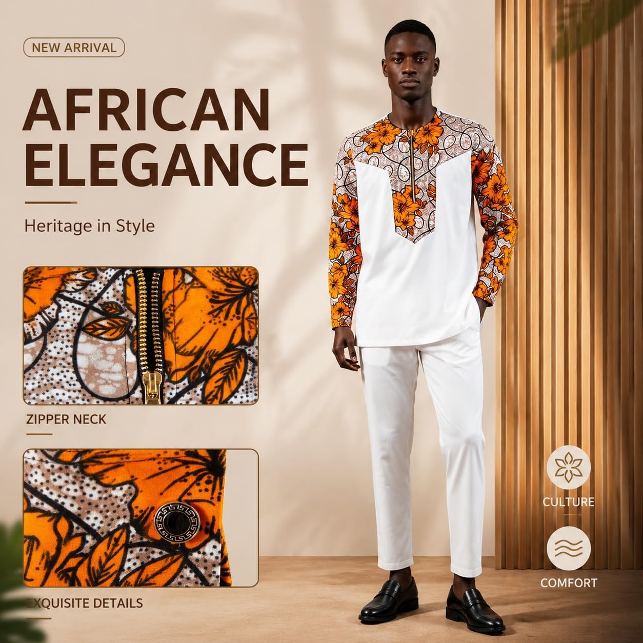 African Men Outfits Print Zipper Top Shirt and Pants Ankara 2 Piece Sets