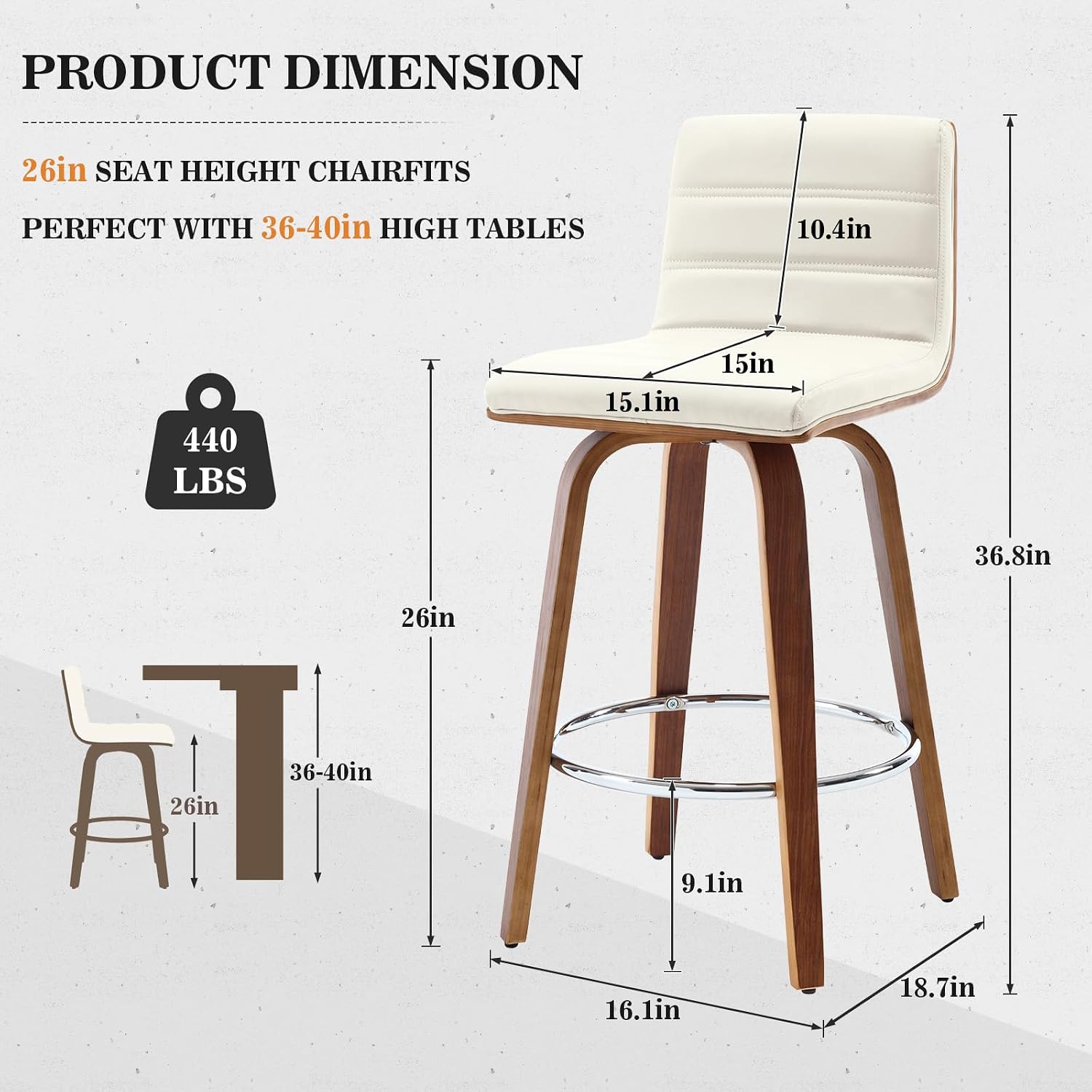 Bekrvio 26 Inch Counter Height Set of 4, PU Leather Swivel Bar Stools with Backs, L Shape Back and Bentwood Legs, Mid-Century Modern Upholstered Kitchen Counter Stool Pub Chairs, White