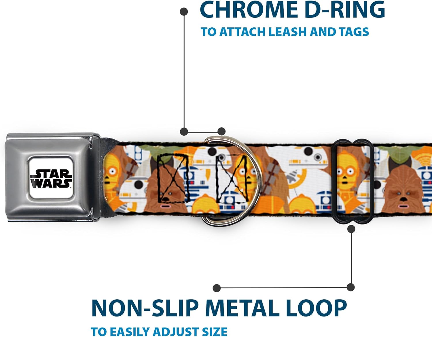 Star Wars Pet Collar, Dog Collar Metal Seatbelt Buckle, Star Wars 5 Character Poses Stacked, 15 to 24 Inches 1.0 Inch Wide