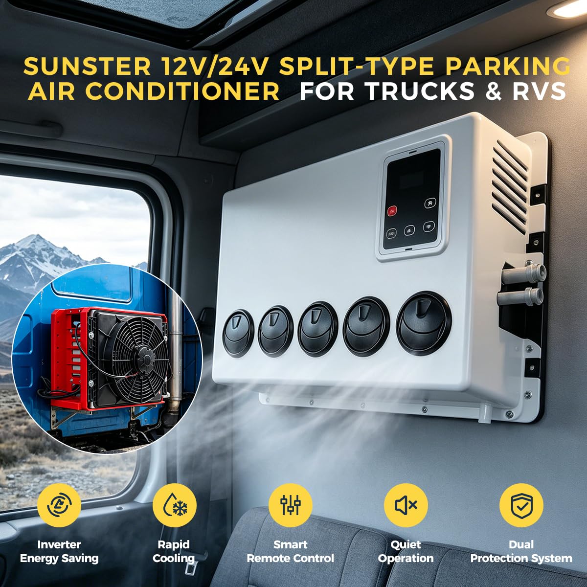 Sunster 12V Klimaanlage | 6000BTU / 1,0-3,0KW Kühlleistung | Wandmontierte DC Klimaanlage für Wohnmobil & Van | Sparsamer 80W Betrieb ohne Kraftstoffverbrauch | Inkl. Montageset