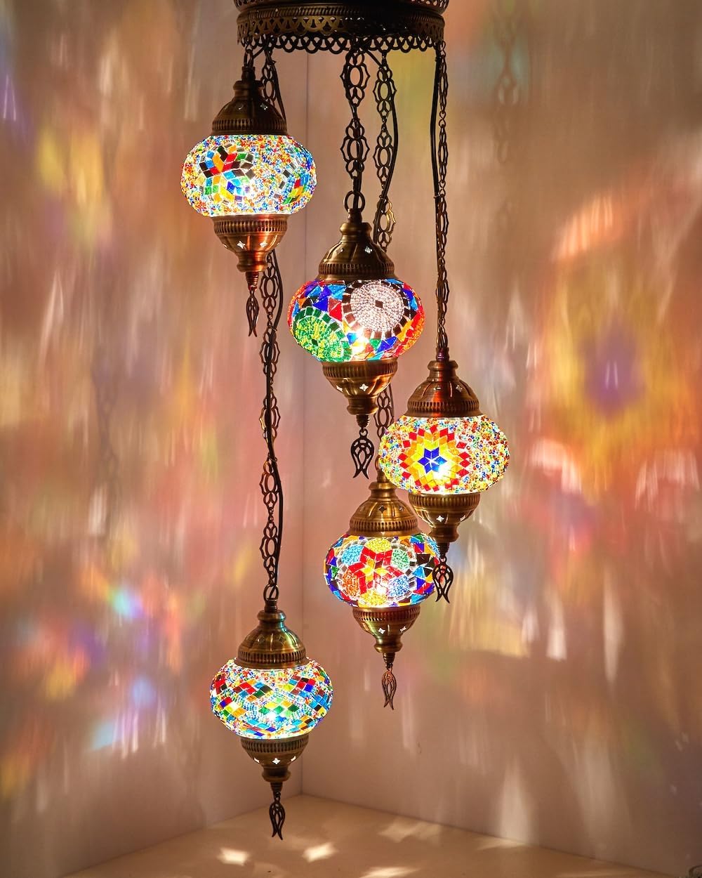 DEMMEX Hard-Wired Turkish Moroccan Mosaic Chandelier Light, Ceiling Hanging Lamp Pendant Light Light Fixture, Handmade, Customizable (5 Globes Hardwired, 42"-105cm Height)
