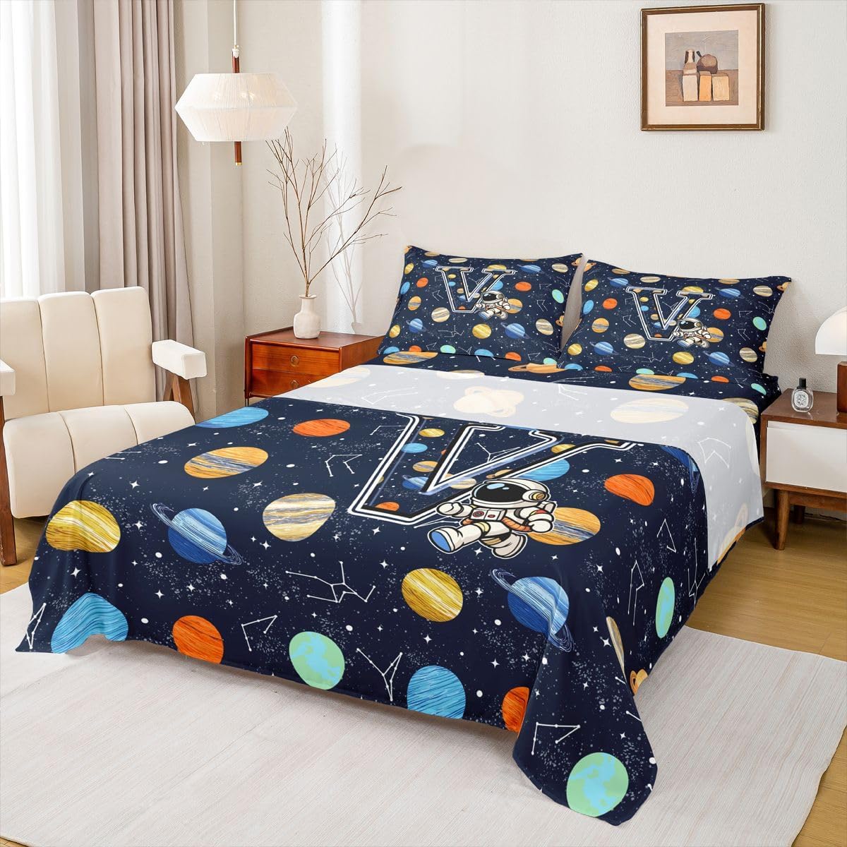 Erosebridal Space Astronaut Monogram Letter V Bed Sheets Set Colorful Solar System Planet Queen Sheet Set for Toddler Boys,Star Constellation Cartoon Alphabet Cosmic Aesthetic Flat Sheet