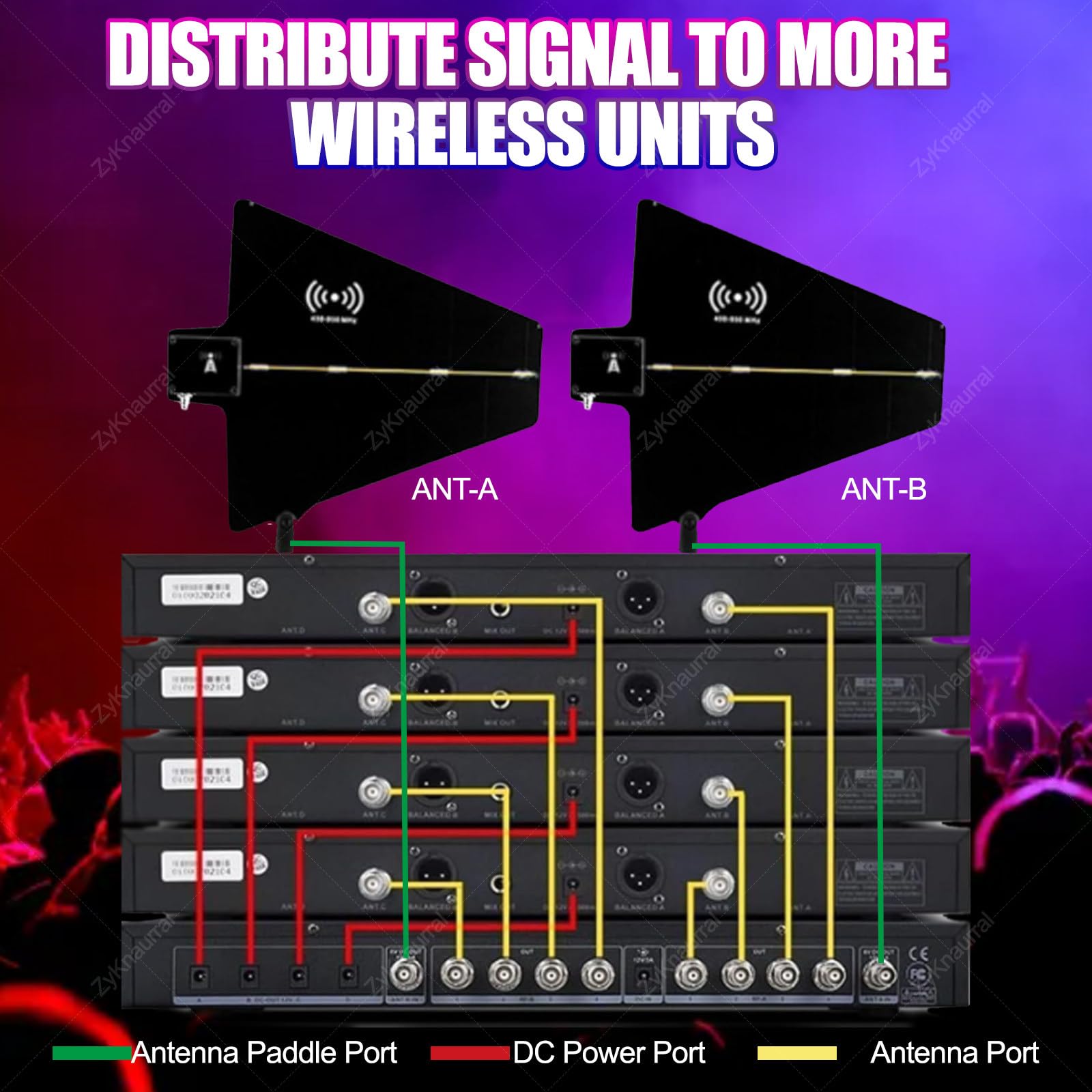 Sistema di distribuzione di antenne wireless a 8 canali per microfono wireless UHF, antenna attiva a paletta, 8/16 uscite + 2 porte di cascata, amplificatore di segnale per microfono a 16 ingress