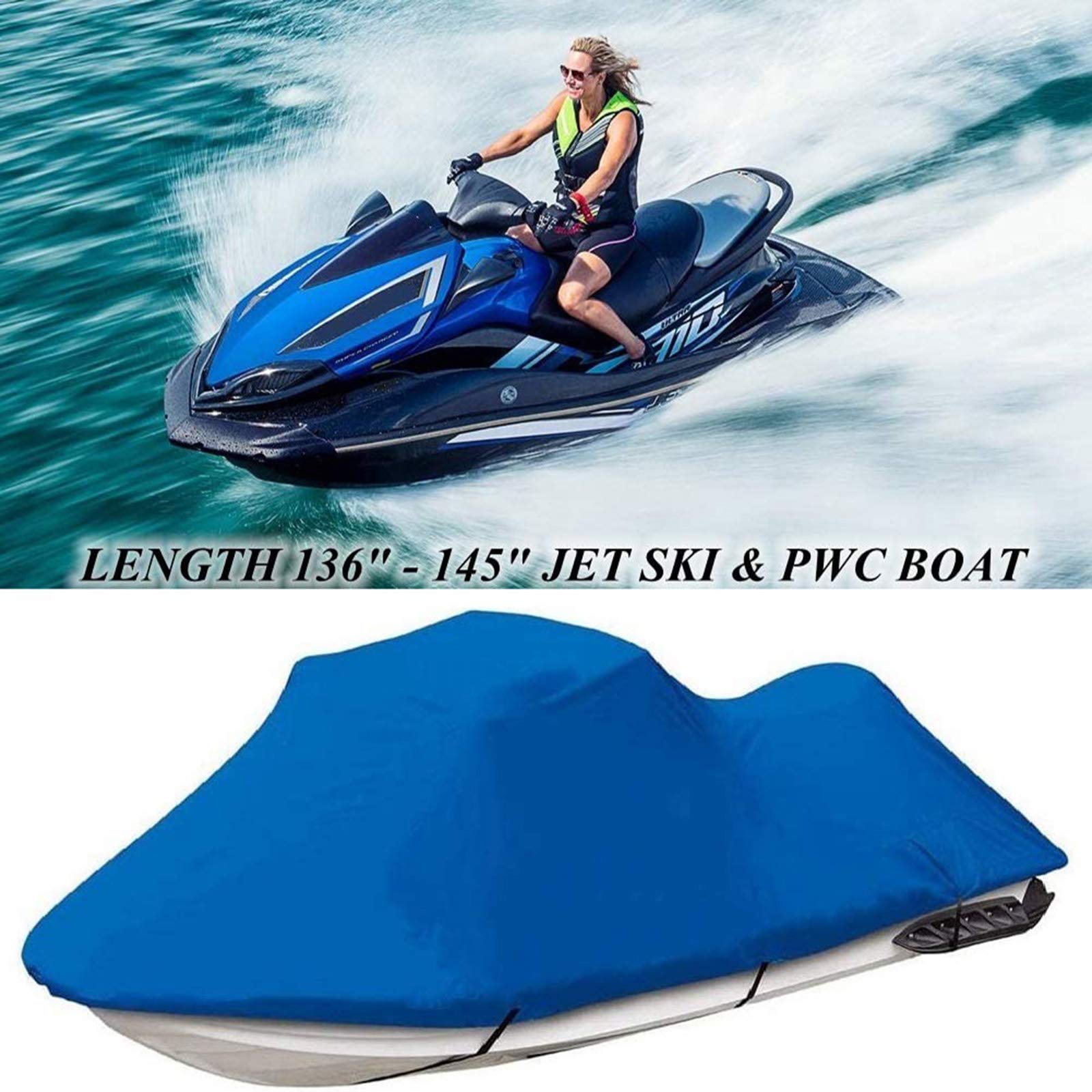 LDIW Housse De Bateau Jet Ski Housse Convient aux Jet Skis 136'' à 145'', 210D Tissu Oxford Imperméable Durable Anti Poussière Résistants Aux UV, Bleu