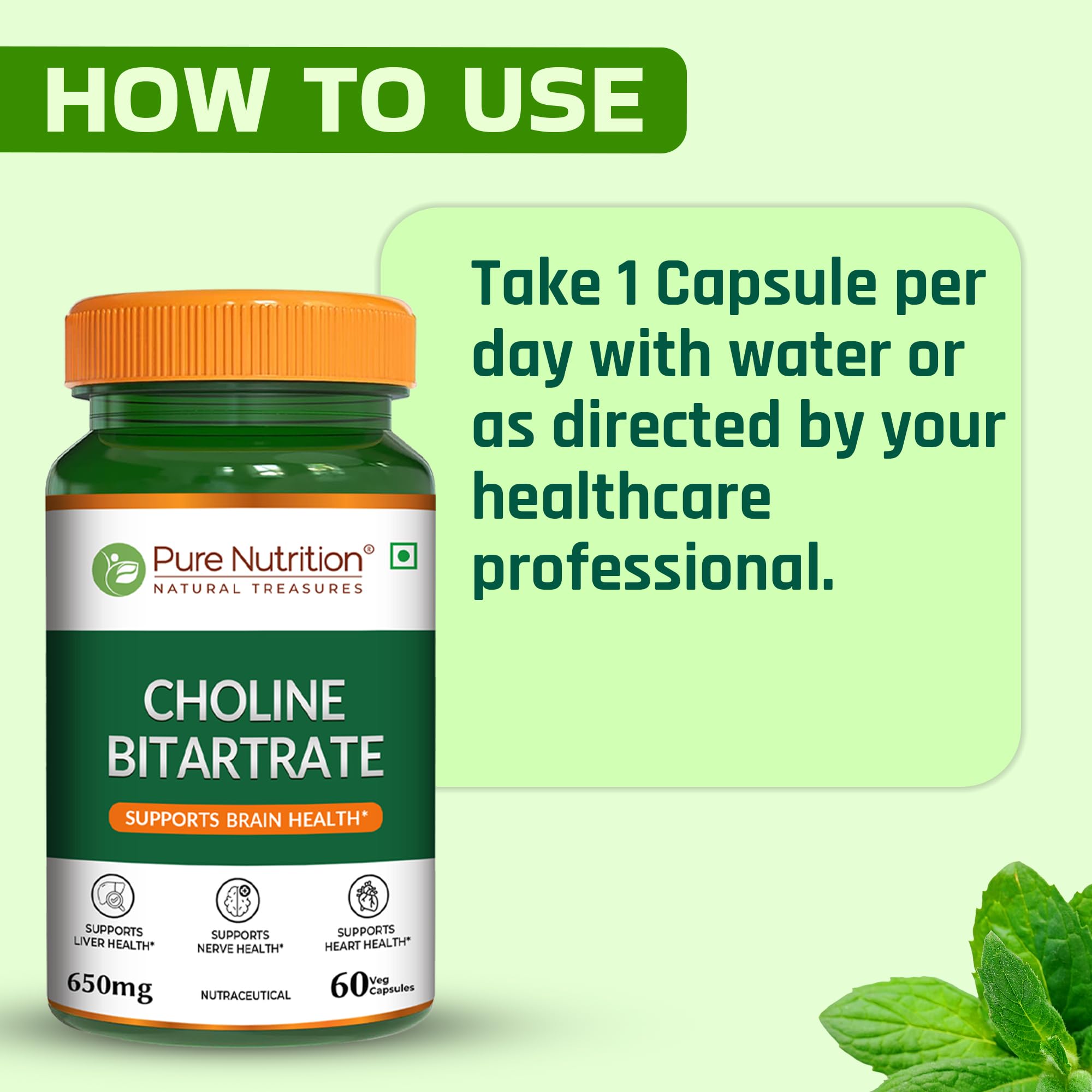 Pure Nutrition Choline Bitartrate (650mg) – 60 Veg Capsules (60×2) | Supports Brain, Nerve, Liver & Heart Health | Nootropic Supplement for Cognitive Function 3