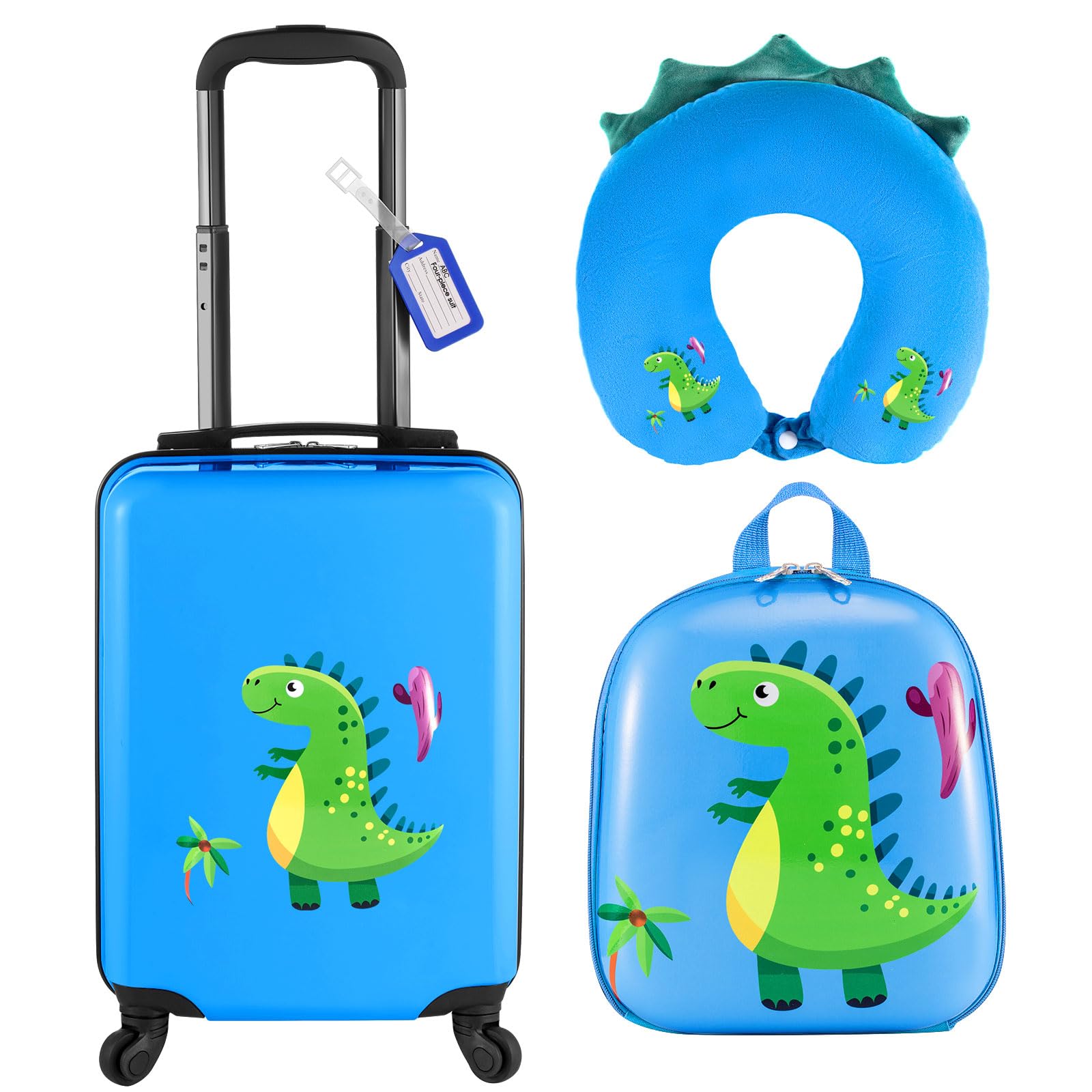 Sanwuta 4 Pieces Dinosaur Luggage for 18 Inch Kids Rolling Luggage, Boys Travel Rolling Suitcase with Gifts for Boys Christmas Wheels Blue Dinosaur Kids Luggage Set with Backpack Neck Pillow Name Tag