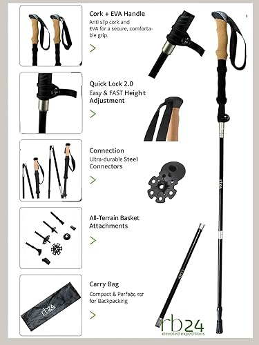 Miniatura 6 de Bastones de senderismo plegables  Bastones de senderismo 100% aluminio con EVA + agarre de corcho, longitud ajustable y kit completo de accesorios
