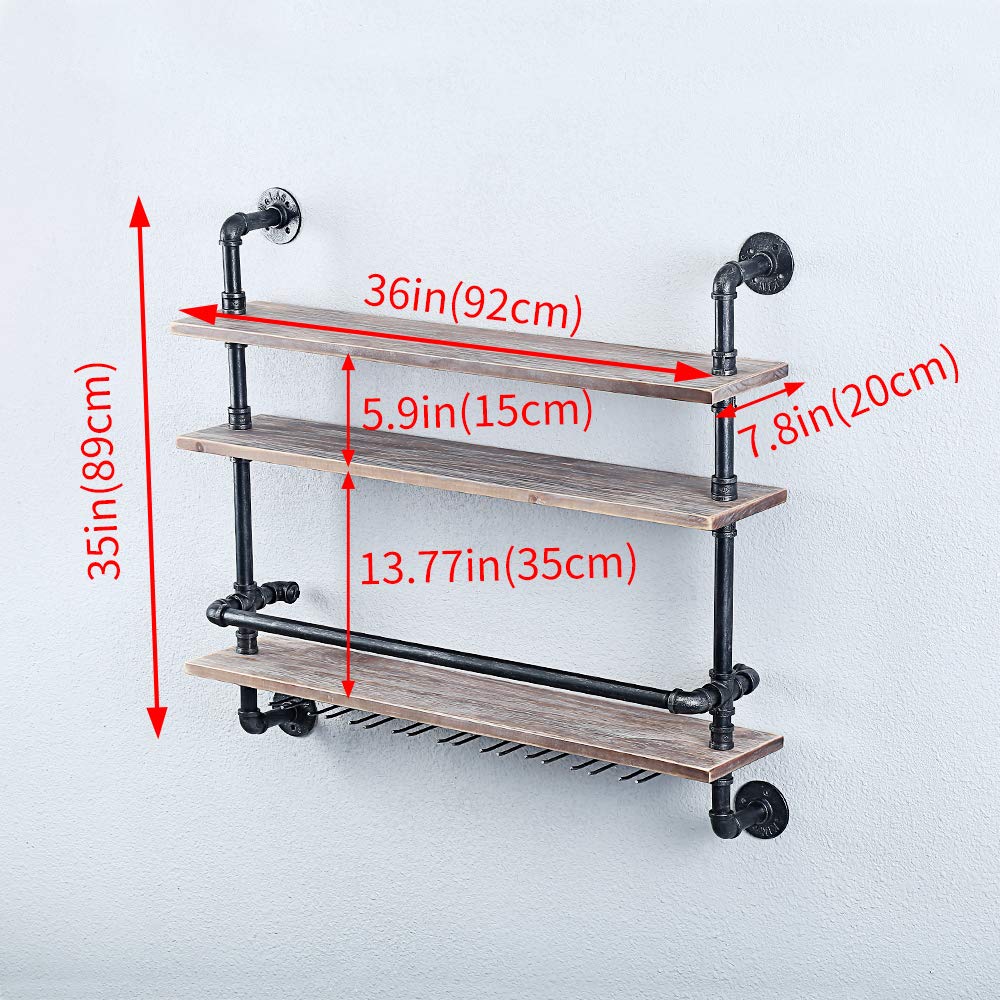 Buy Industrial Pipe Shelf Wine Rack Wall Mounted with 9 Stem Glass