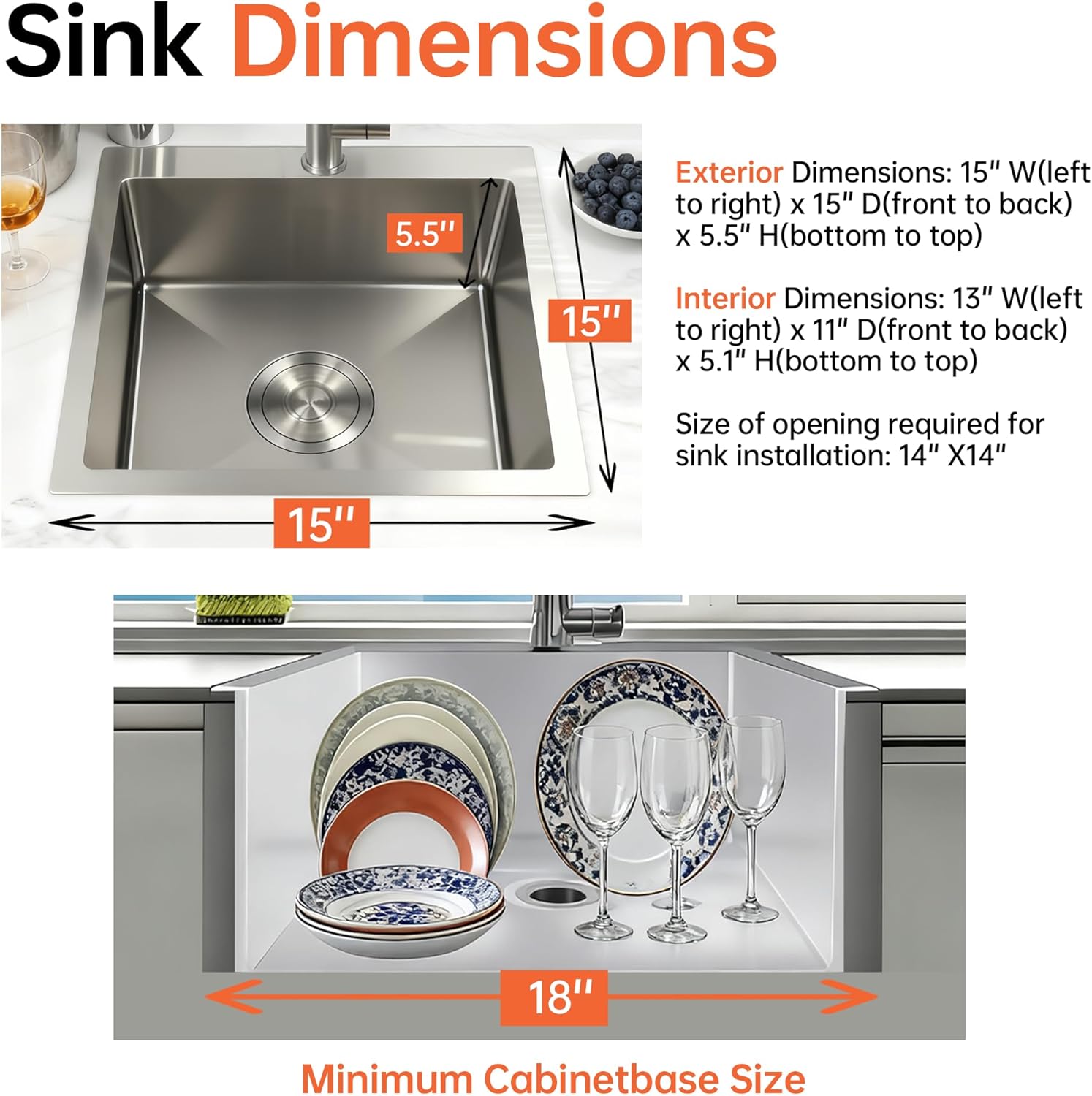 15x15 Inch Single Bowl Kitchen Sink,304 Stainless Steel Top Mount Kitchen Sinks Bar Sink,Handmade 16 Guage Small Kitchen Sink Brushed Nickel Deep Kitchen Sinks RV Sink