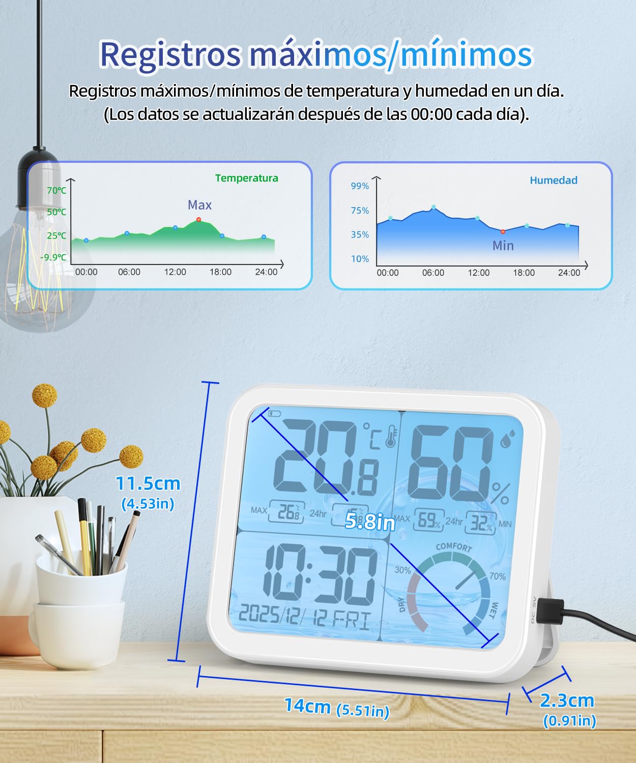 VOCOO Termómetro higrómetro digital interior – 5,8 pulgadas, pantalla extra grande, medidor de humedad preciso, termómetro de habitación con calibración, registros máximos mínimos, comodidad