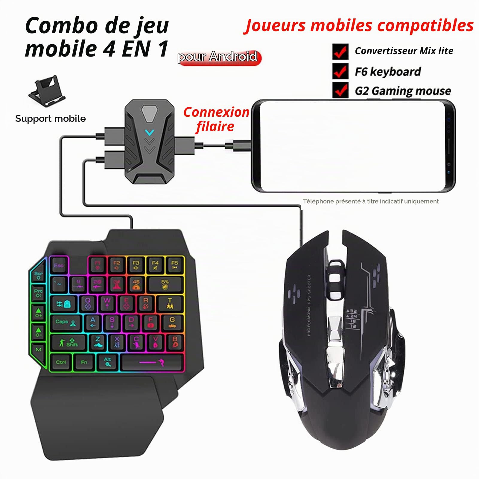 Clavier de Jeu RVB à Une Main et Souris Rétroéclairée, Clavier de Jeu Filaire USB et Souris avec Convertisseur, pour Jeu