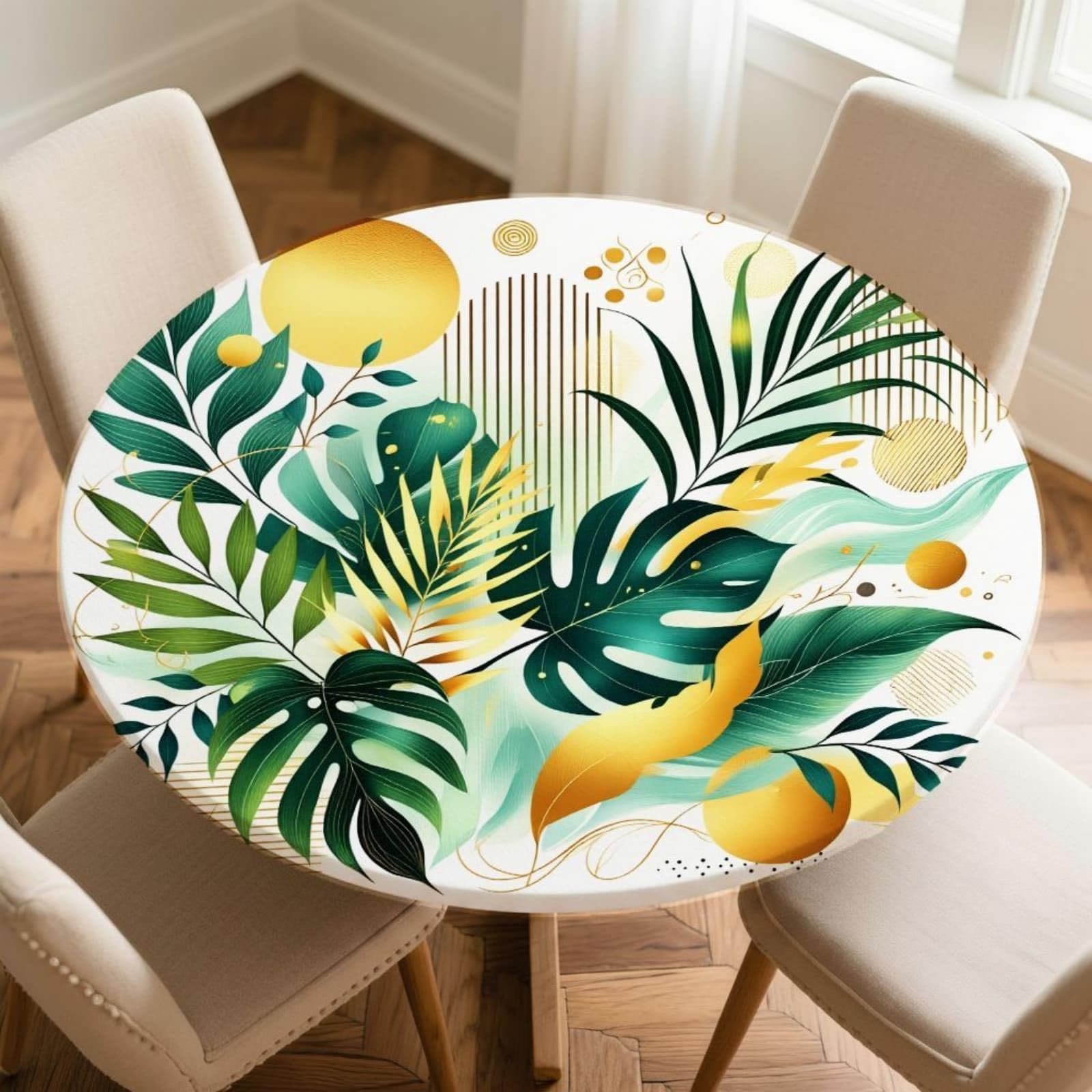 Nappe ronde imperméable à bord élastique motif feuille dorée Morbuy de 170cm