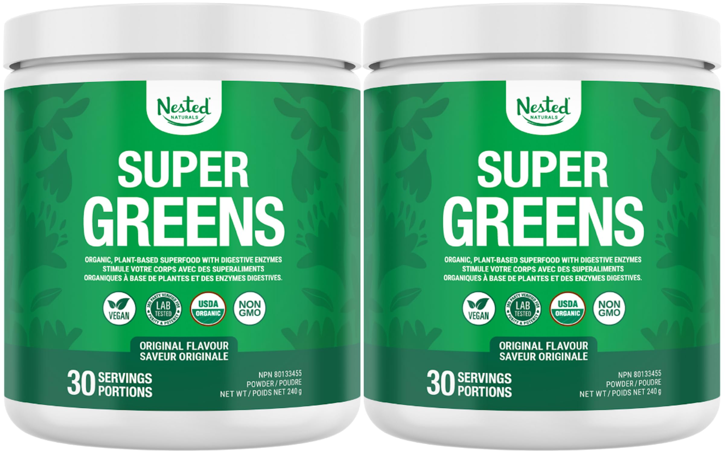Nested Naturals Super Greens Powder - Organic Daily Greens Superfood Powder w/ 20+ Whole Foods, Spirulina, Wheat Grass & Barley Grass - Probiotics, Fiber & Enzymes - USDA Certified Organic, Original Flavour, 30 Servings (Pack of 2)