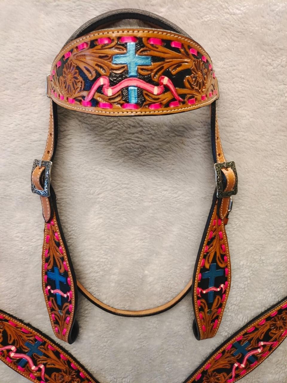 Deen, Enterprises Western Premium Leather Hand Carved Tooled Equestrian Trail Tack Set Headstall, Breast Collar & Reins Size Full : Sports & Outdoors