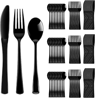 300 Pack Black Disposable Plastic Silverware Heavy Duty,Black Cutlery Set, Plastic Forks and Spoons Knives Utensils Set for Birthday Party Prom Night,Weddings,Halloween
