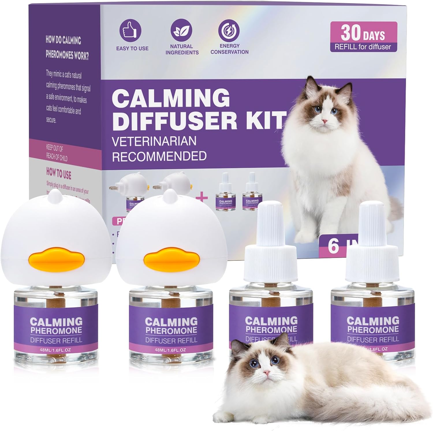 Cat Pheromones Calming Diffuser Calming Plug in for Cats Stress Relief Solution 4 Refills 2 Plugins Eases Fighting, Spraying, Scratching 48ml Per Bottle