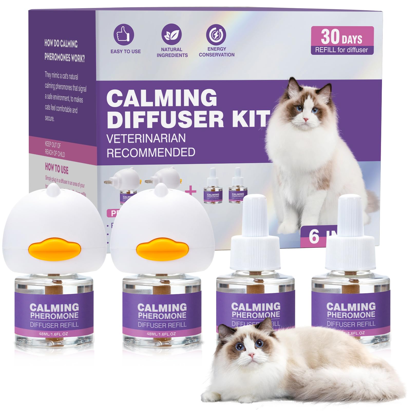 Cat Pheromones Calming Diffuser Calming Plug in for Cats Stress Relief Solution 4 Refills 2 Plugins Eases Fighting, Spraying, Scratching 48ml Per Bottle