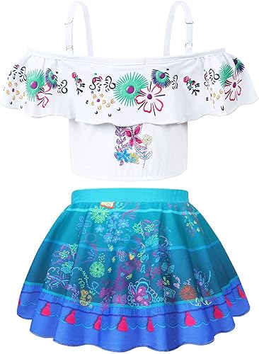 Miniatura 2 de COTRIO Traje de baño de princesa para niñas, traje de baño floral con volantes de 2 piezas, traje de baño de playa con hombros descubiertos