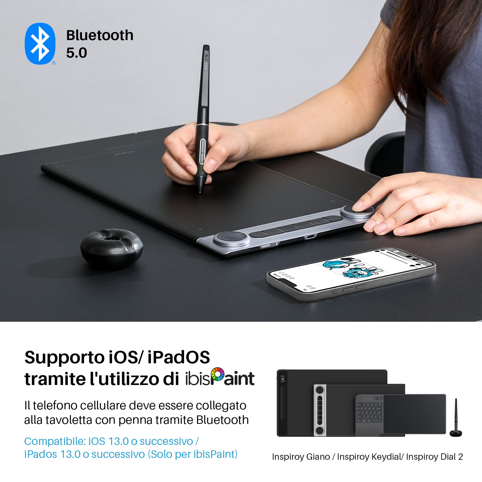 HUION Inspiroy Dial 2 Tavoletta Grafica con Controller a Doppio Quadrante, 6 Tasti Programmabili, Tavoletta Grafica da 10x6 Pollici Bluetooth 5.0 Wireless, Supporto PC/Mac/ChromeOS/Android/Linux